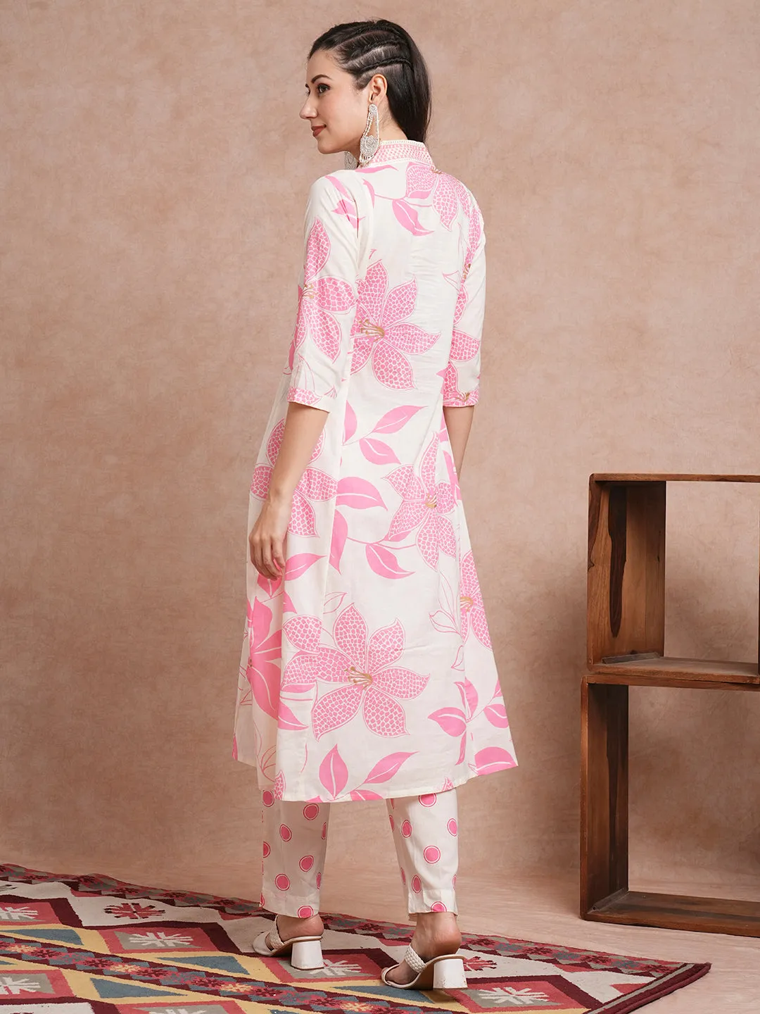 Abstract Floral Printed A-Line Paneled Kurta with Pant - Off White