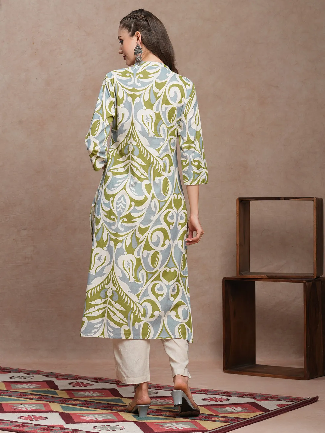 Abstract Floral Printed A-Line Pleated Kurta with Pant - Multi