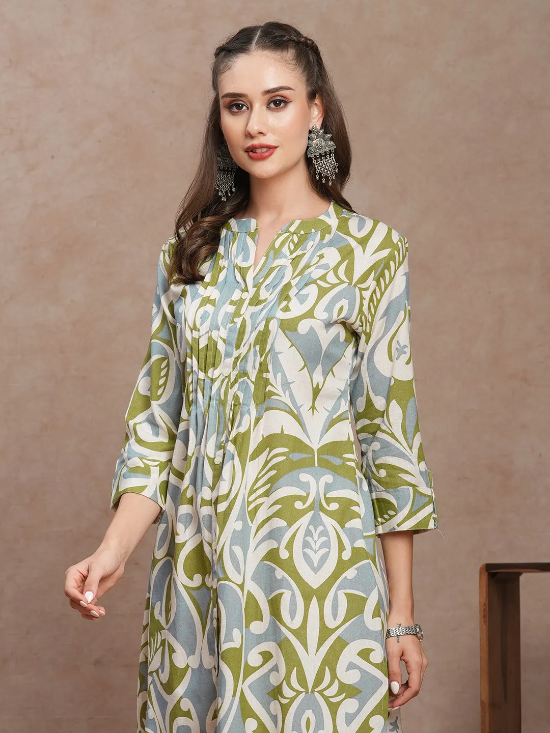 Abstract Floral Printed A-Line Pleated Kurta with Pant - Multi