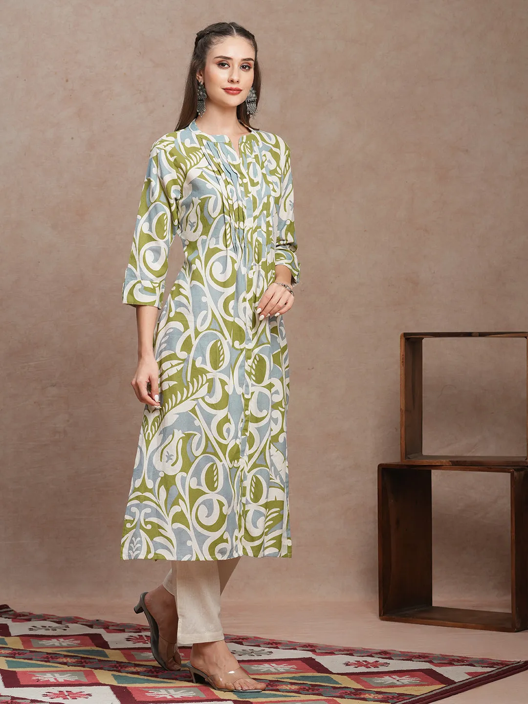 Abstract Floral Printed A-Line Pleated Kurta with Pant - Multi