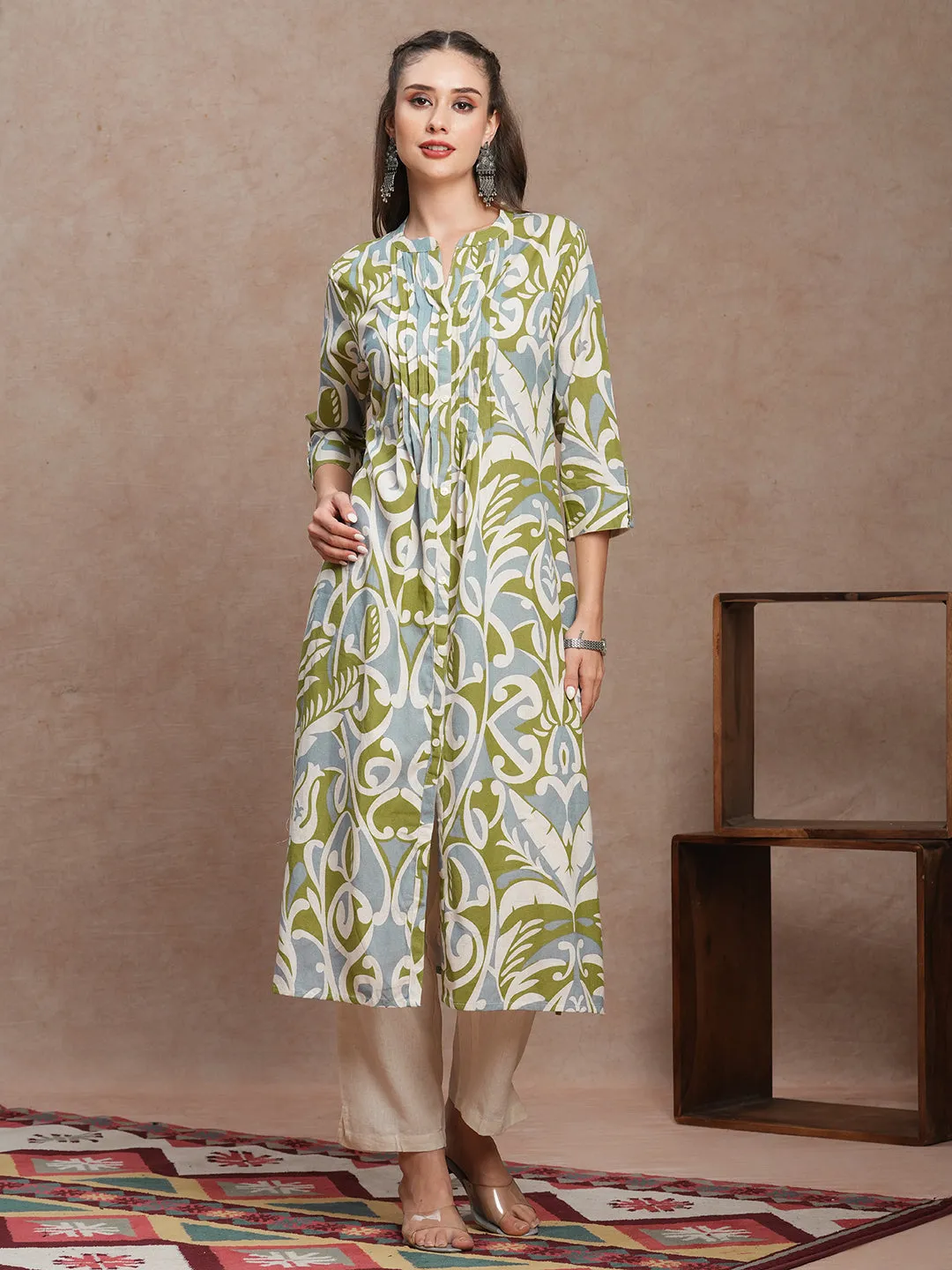 Abstract Floral Printed A-Line Pleated Kurta with Pant - Multi