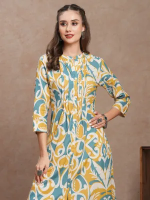 Abstract Floral Printed A-Line Pleated Kurta with Pant - Multi