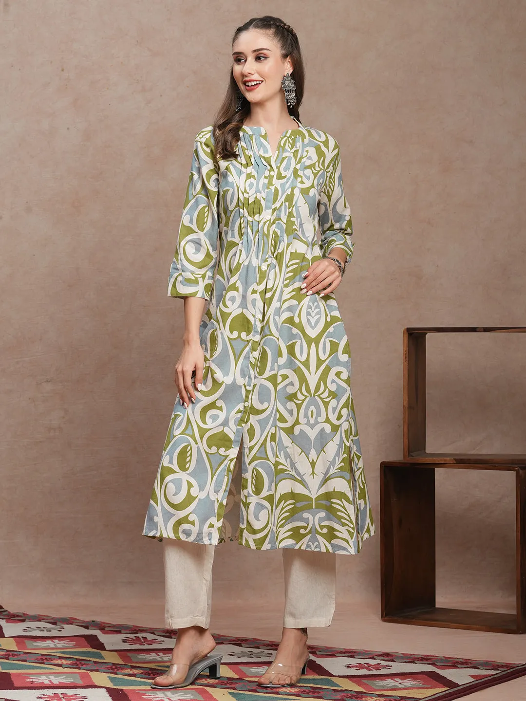 Abstract Floral Printed A-Line Pleated Kurta with Pant - Multi