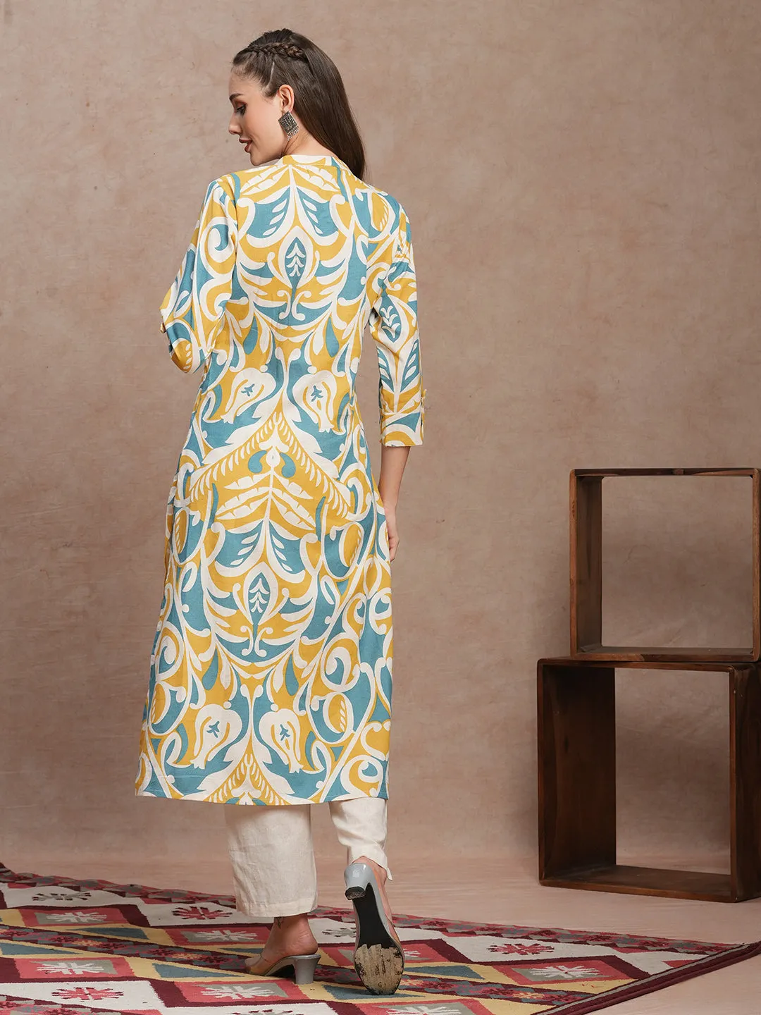 Abstract Floral Printed A-Line Pleated Kurta with Pant - Multi