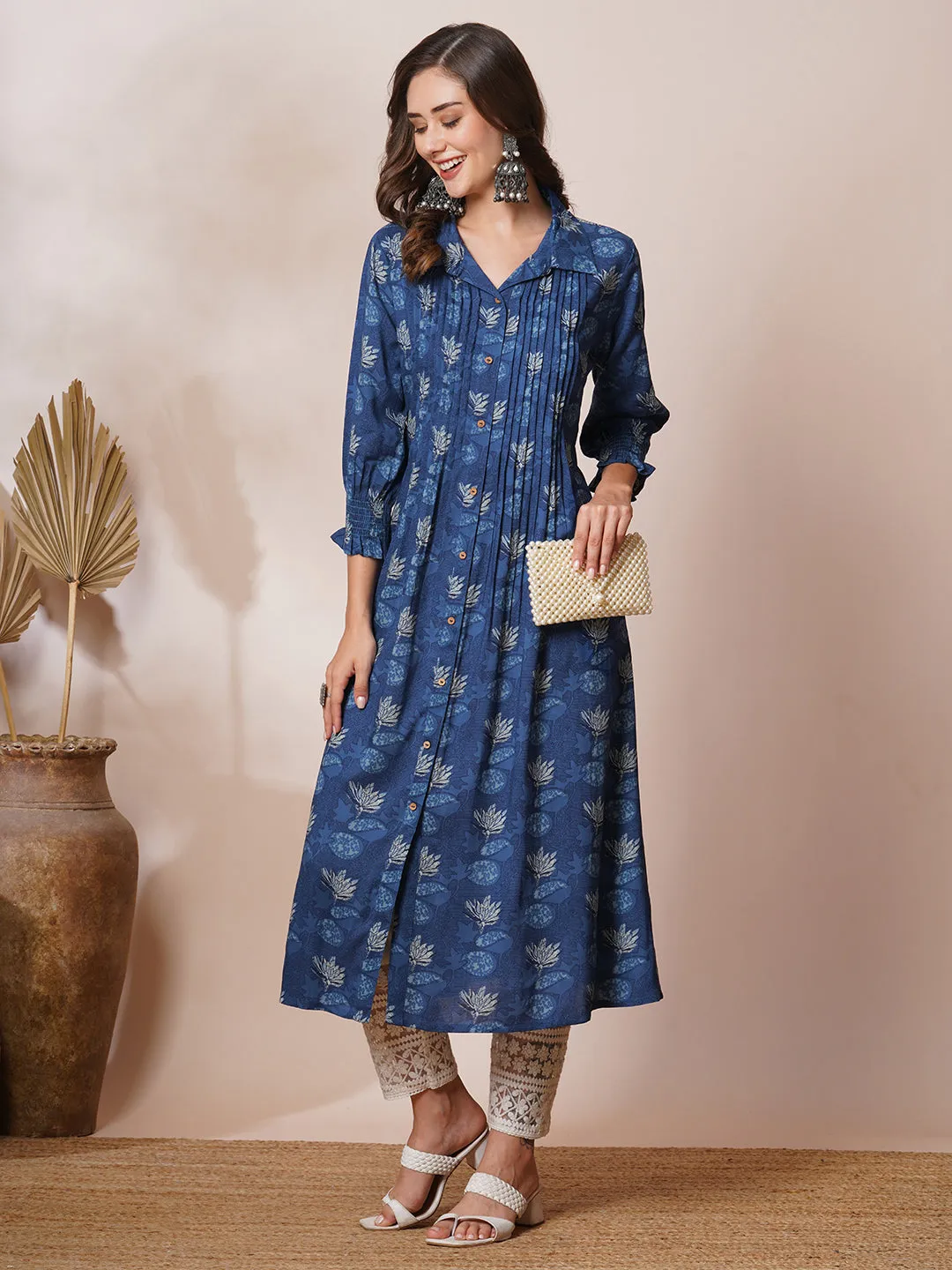 Abstract Floral Printed A-Line Pleated Maxi Dress - Blue