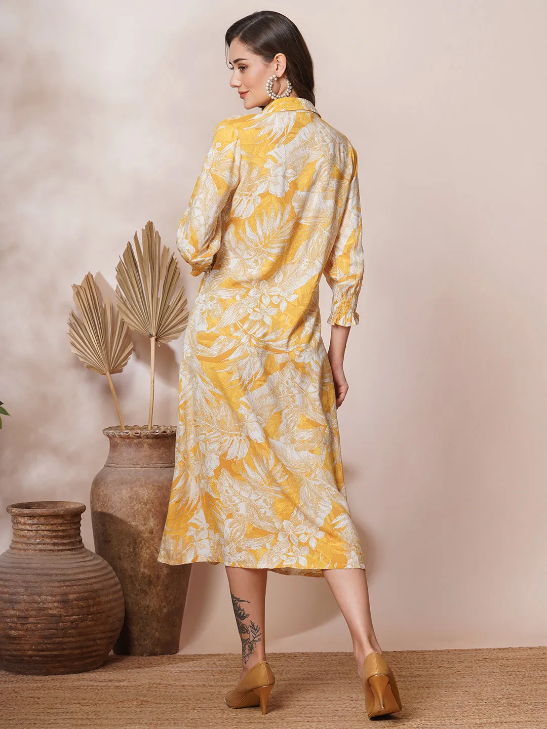 Abstract Floral Printed A-Line Pleated Maxi Dress - Yellow