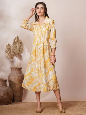 Abstract Floral Printed A-Line Pleated Maxi Dress - Yellow