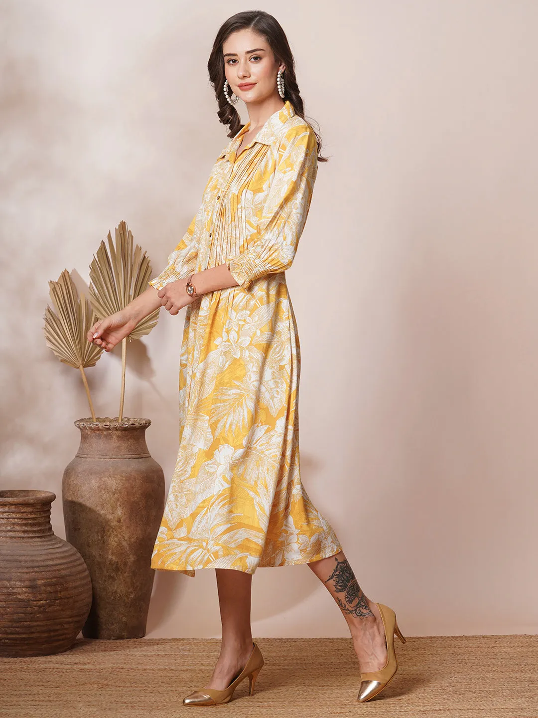 Abstract Floral Printed A-Line Pleated Maxi Dress - Yellow