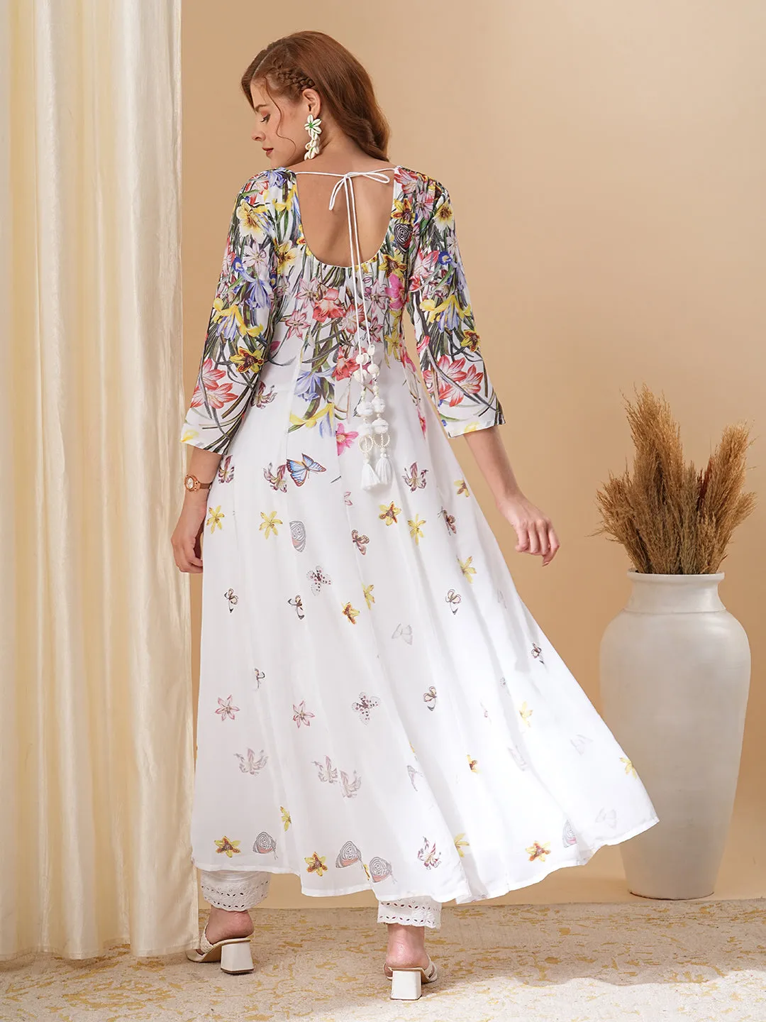 Abstract Floral Printed & Embroidered A-Line Paneled Maxi Dress - White