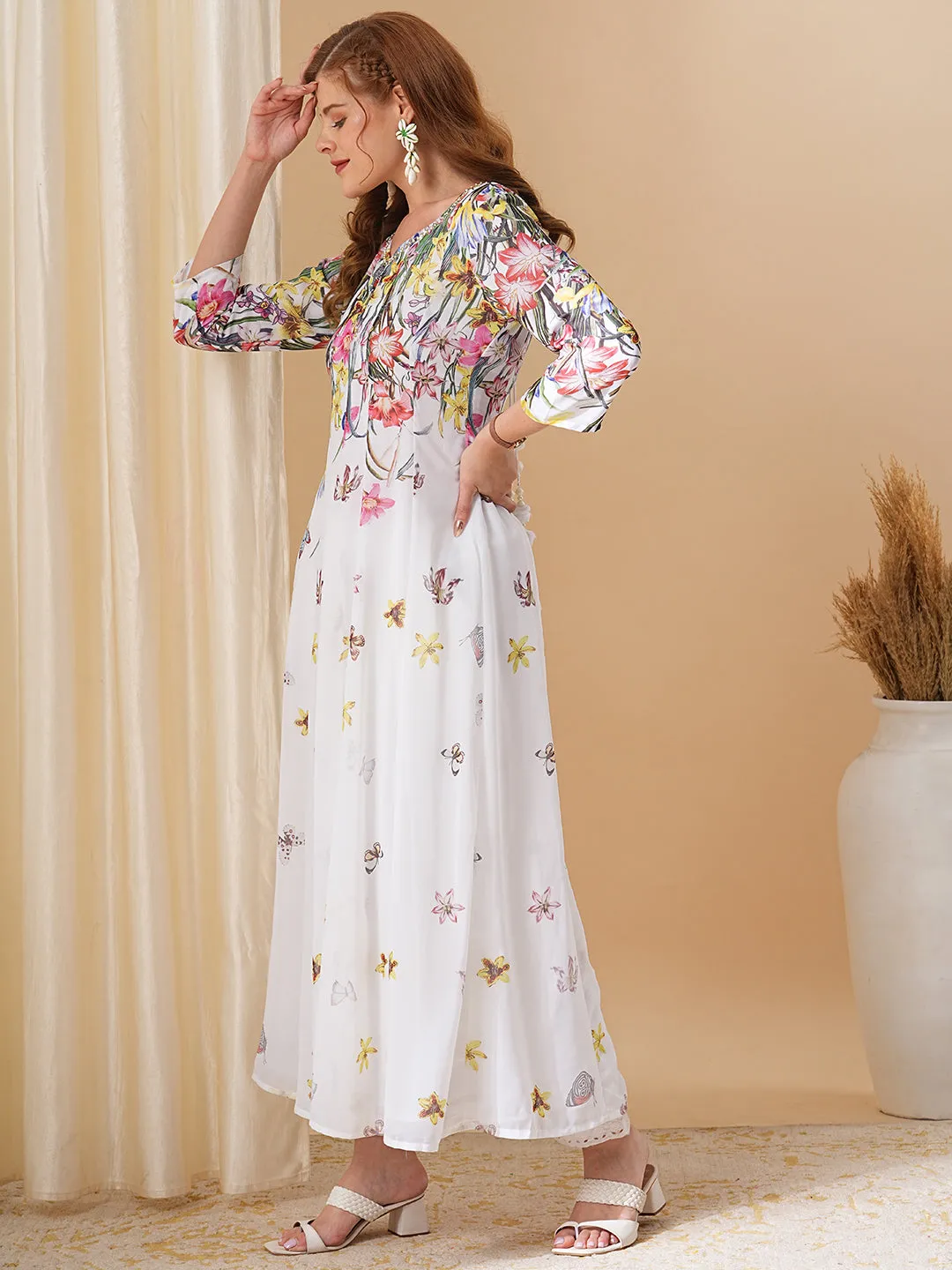 Abstract Floral Printed & Embroidered A-Line Paneled Maxi Dress - White