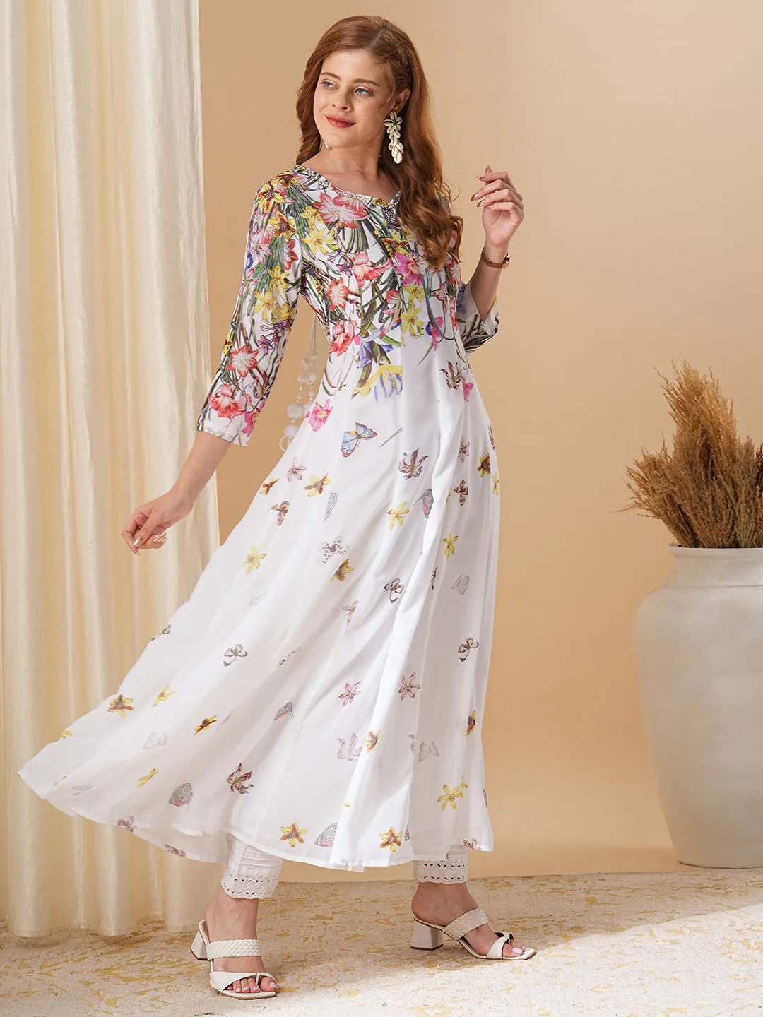 Abstract Floral Printed & Embroidered A-Line Paneled Maxi Dress - White