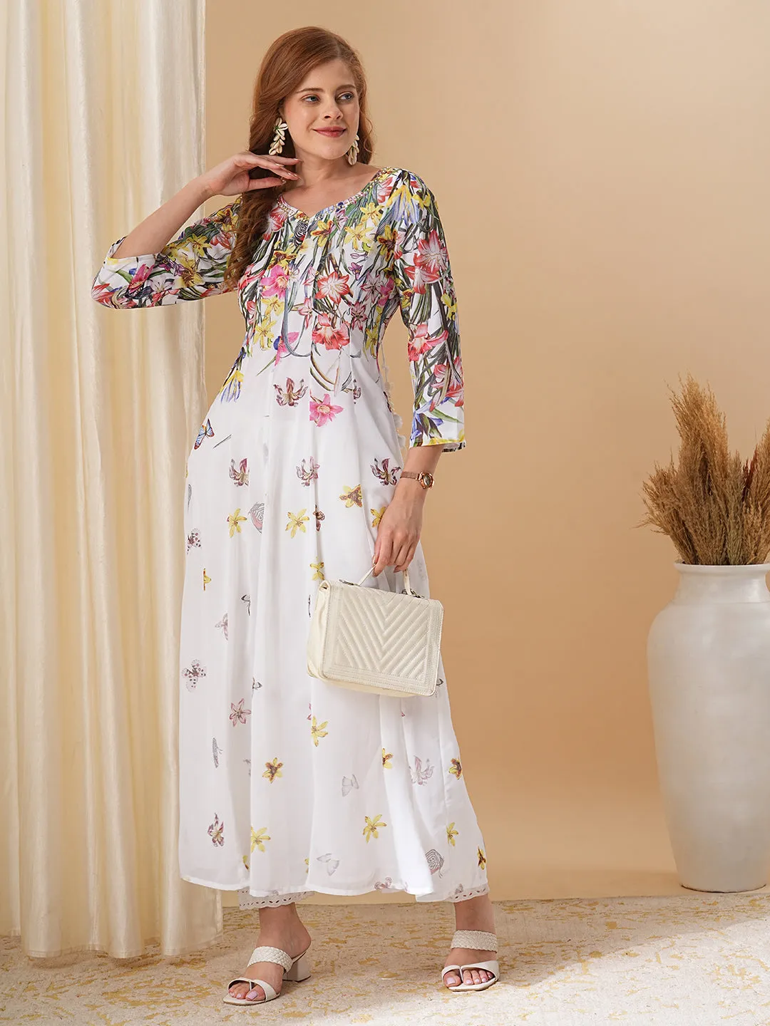 Abstract Floral Printed & Embroidered A-Line Paneled Maxi Dress - White