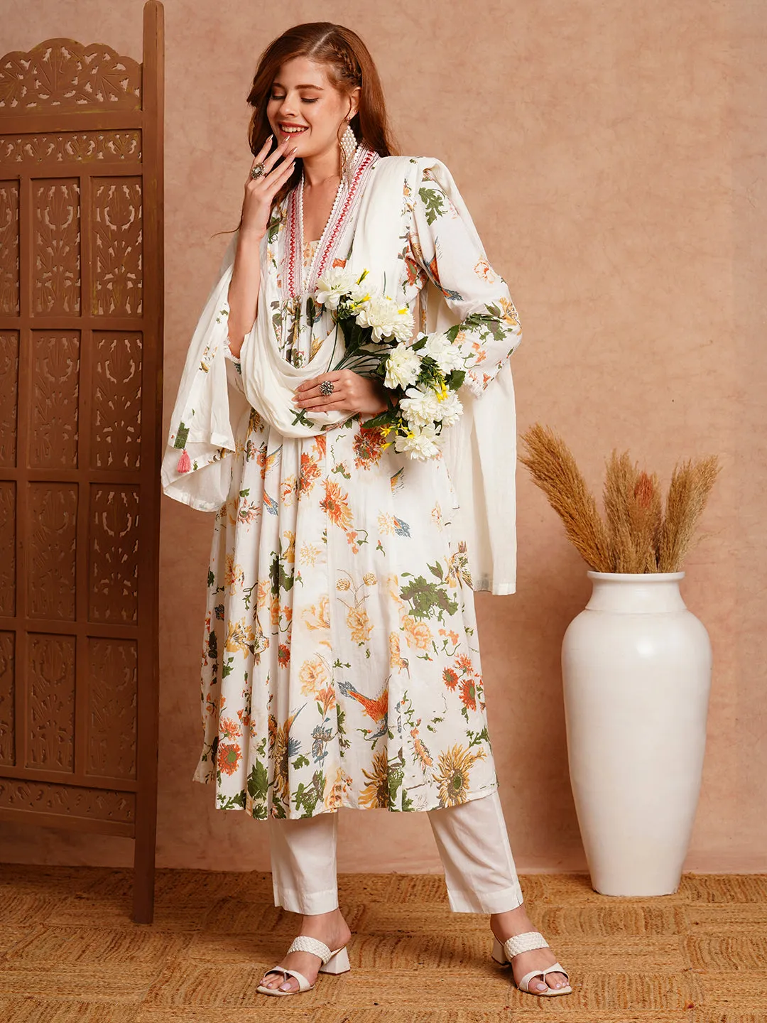 Abstract Floral Printed & Embroidered A-Line Pleated Kurta with Pant and Dupatta - White