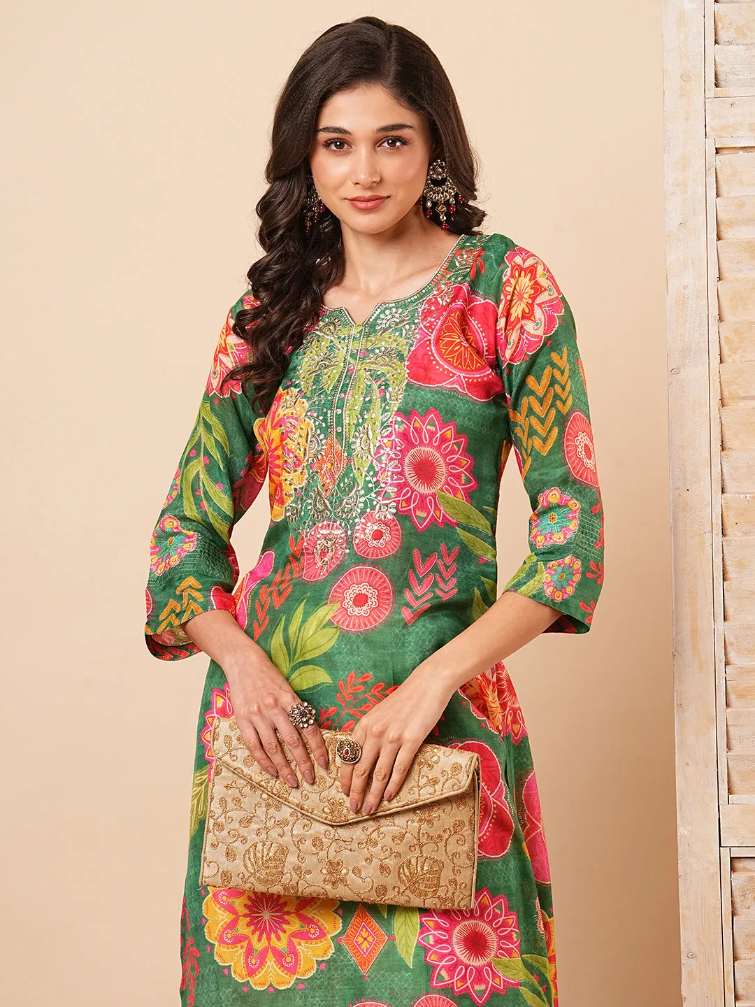 Abstract Floral Printed & Embroidered Straight Fit Kurta - Green