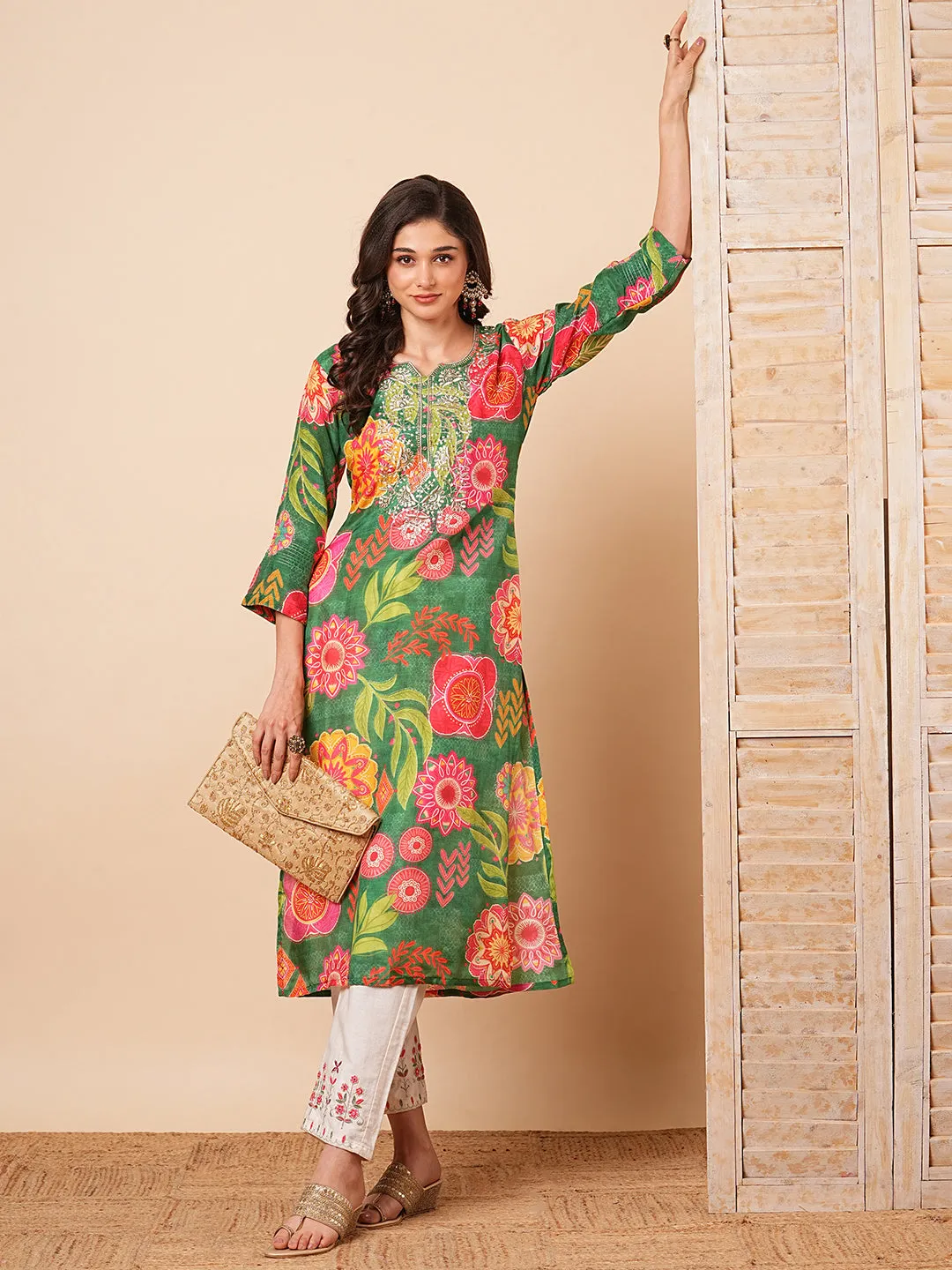 Abstract Floral Printed & Embroidered Straight Fit Kurta - Green