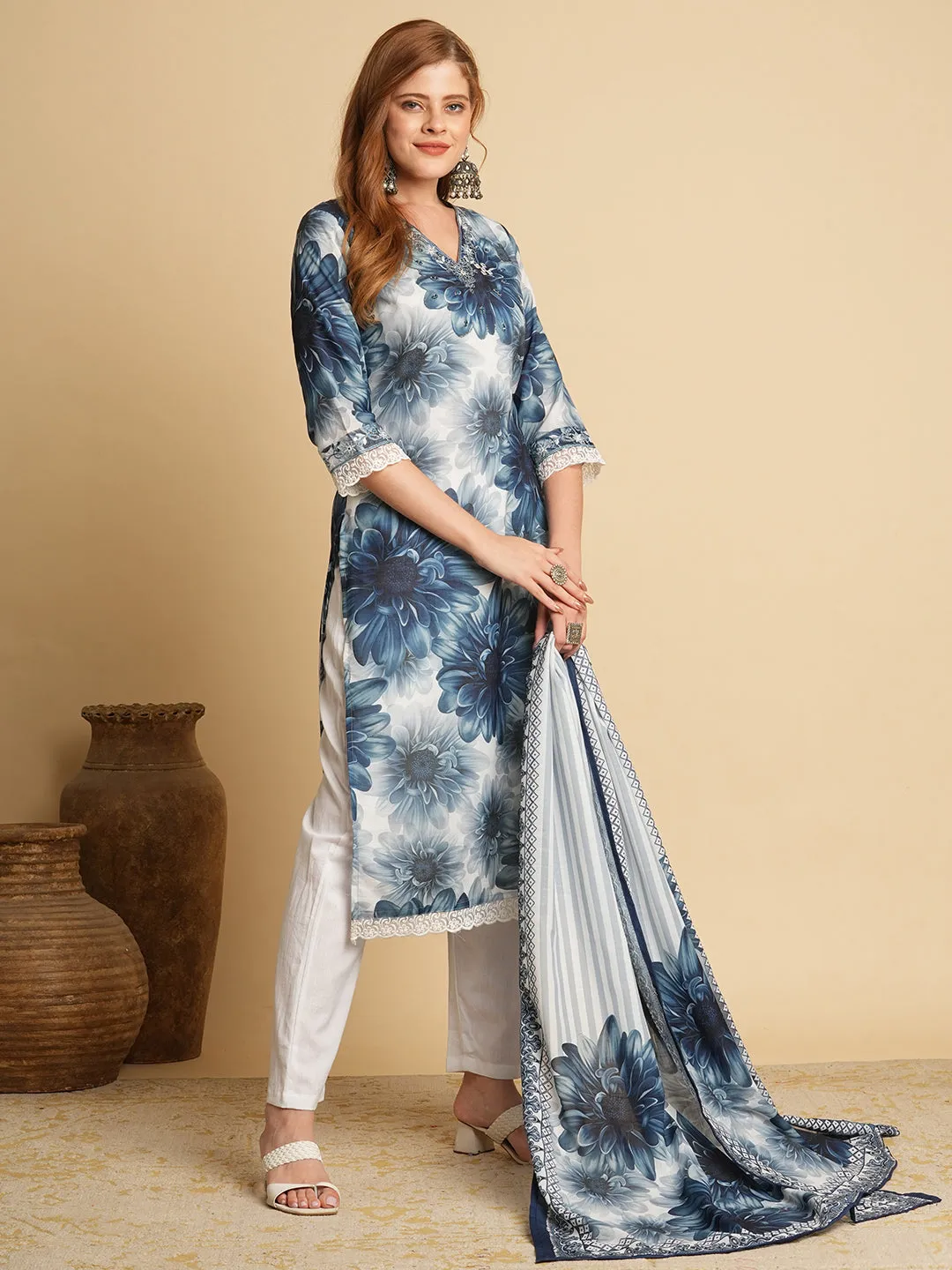 Abstract Floral Printed & Embroidered Straight Fit Kurta with Pant and Dupatta - Blue