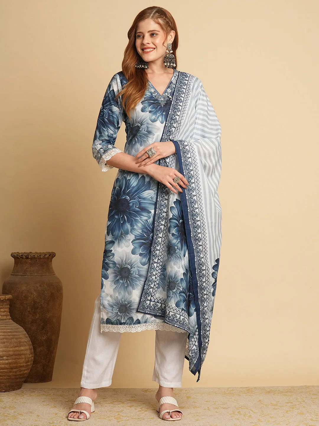 Abstract Floral Printed & Embroidered Straight Fit Kurta with Pant and Dupatta - Blue