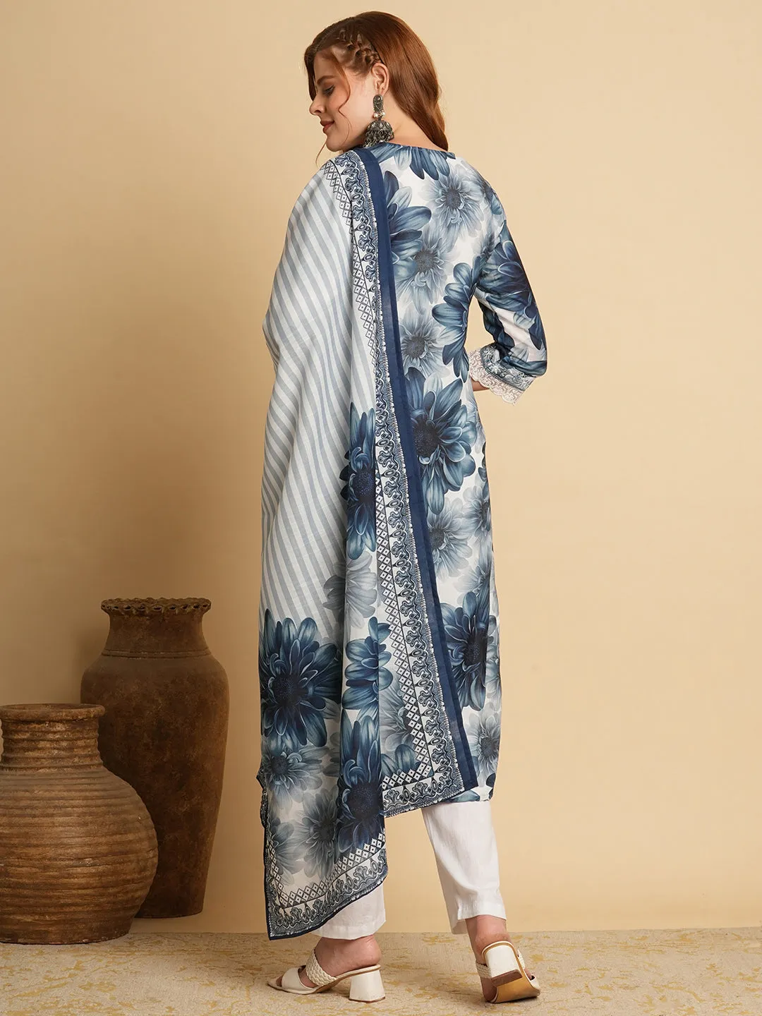 Abstract Floral Printed & Embroidered Straight Fit Kurta with Pant and Dupatta - Blue