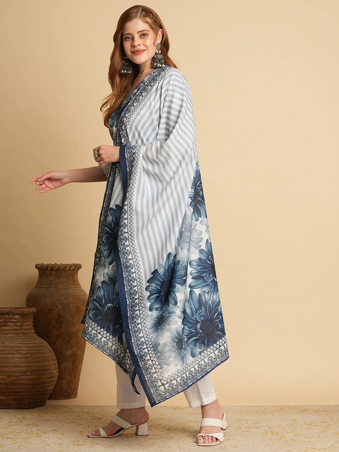 Abstract Floral Printed & Embroidered Straight Fit Kurta with Pant and Dupatta - Blue