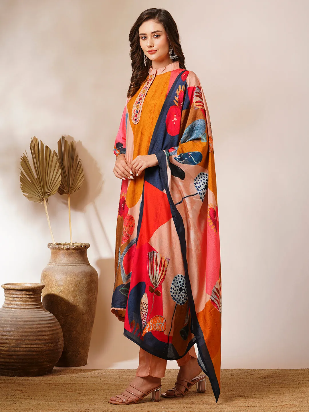 Abstract Floral Printed & Embroidered Straight Fit Kurta with Pant and Dupatta - Multi