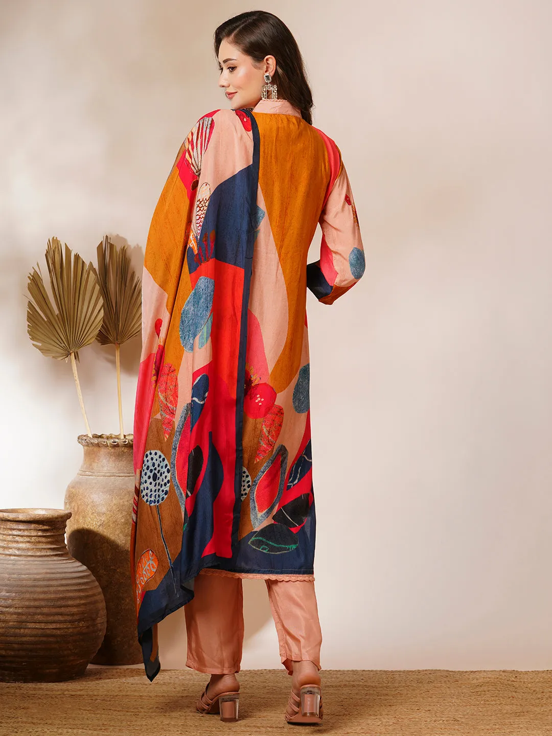 Abstract Floral Printed & Embroidered Straight Fit Kurta with Pant and Dupatta - Multi