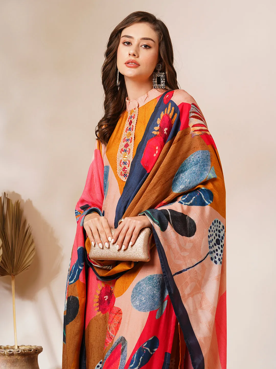 Abstract Floral Printed & Embroidered Straight Fit Kurta with Pant and Dupatta - Multi