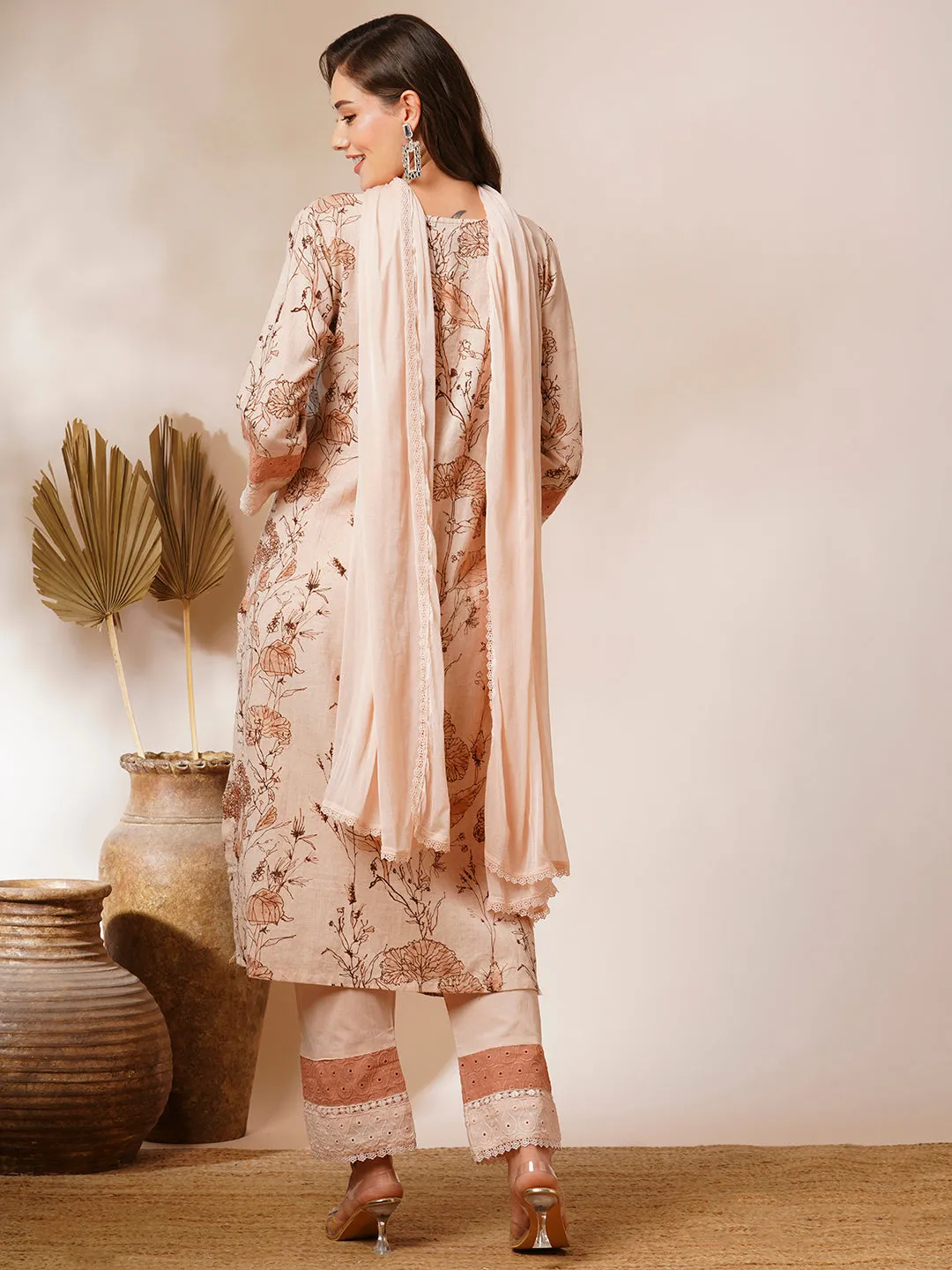 Abstract Floral Printed & Embroidered Straight Fit Kurta with Pant and Dupatta - Nude