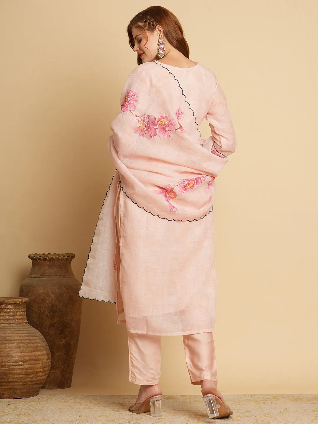 Abstract Floral Printed & Embroidered Straight Kurta with Pant & Dupatta - Cream