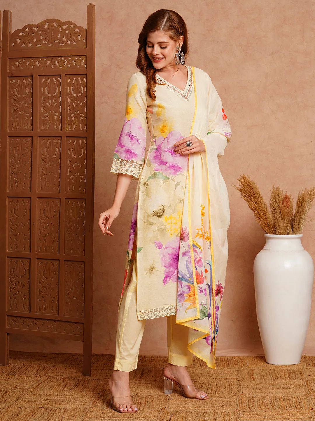 Abstract Floral Printed & Embroidered Straight Kurta with Pant & Dupatta - Cream