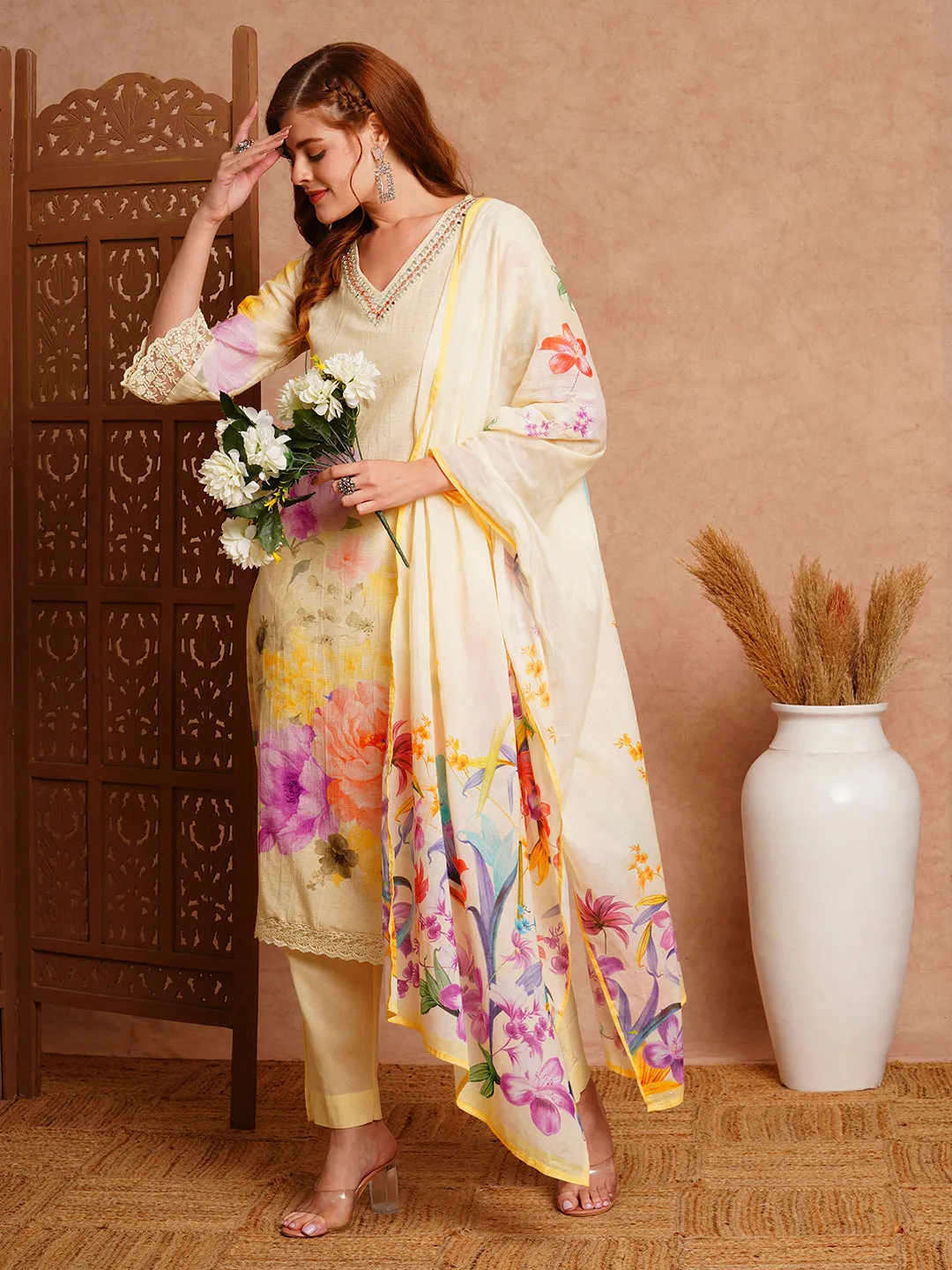 Abstract Floral Printed & Embroidered Straight Kurta with Pant & Dupatta - Cream