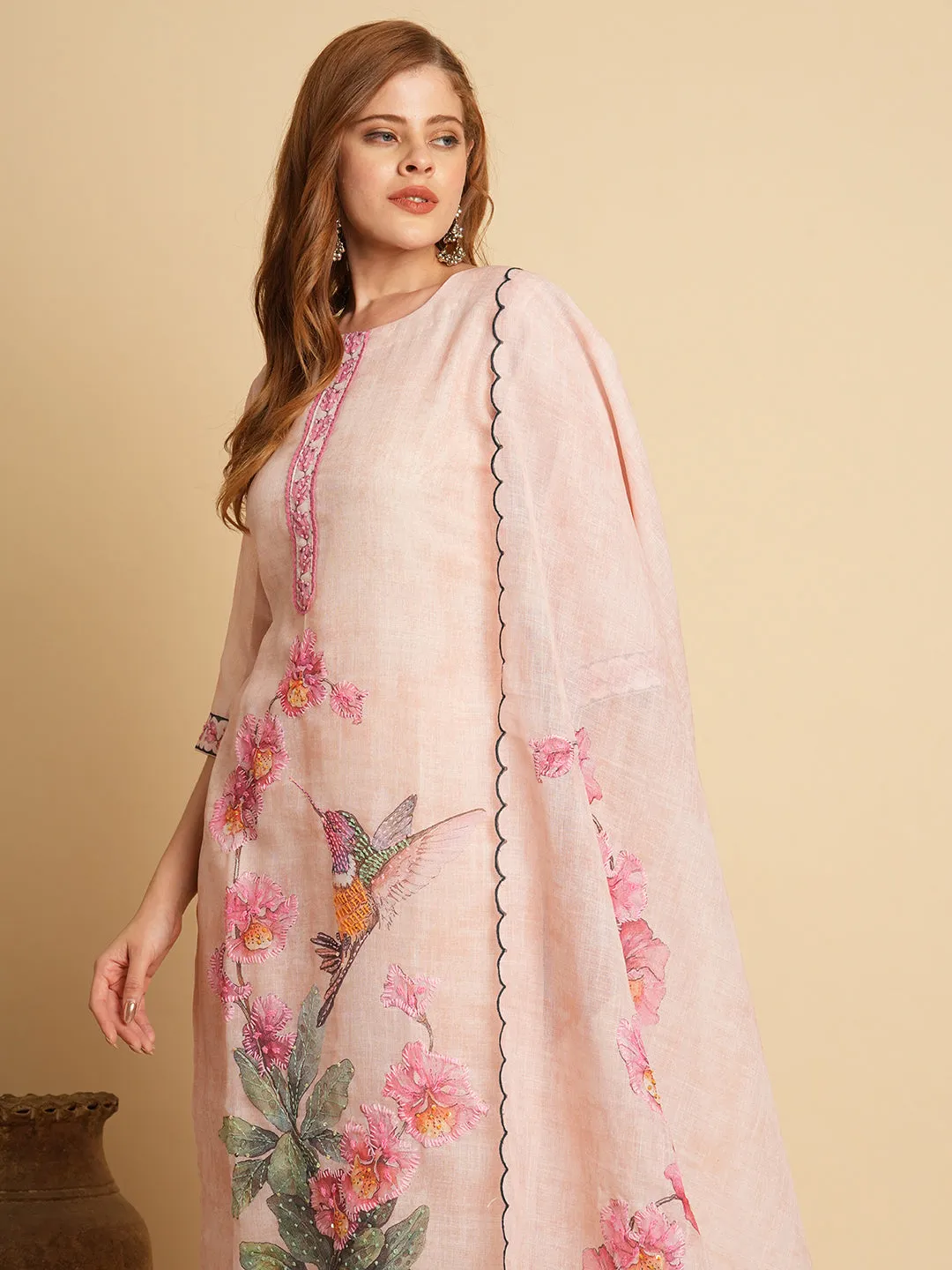 Abstract Floral Printed & Embroidered Straight Kurta with Pant & Dupatta - Cream