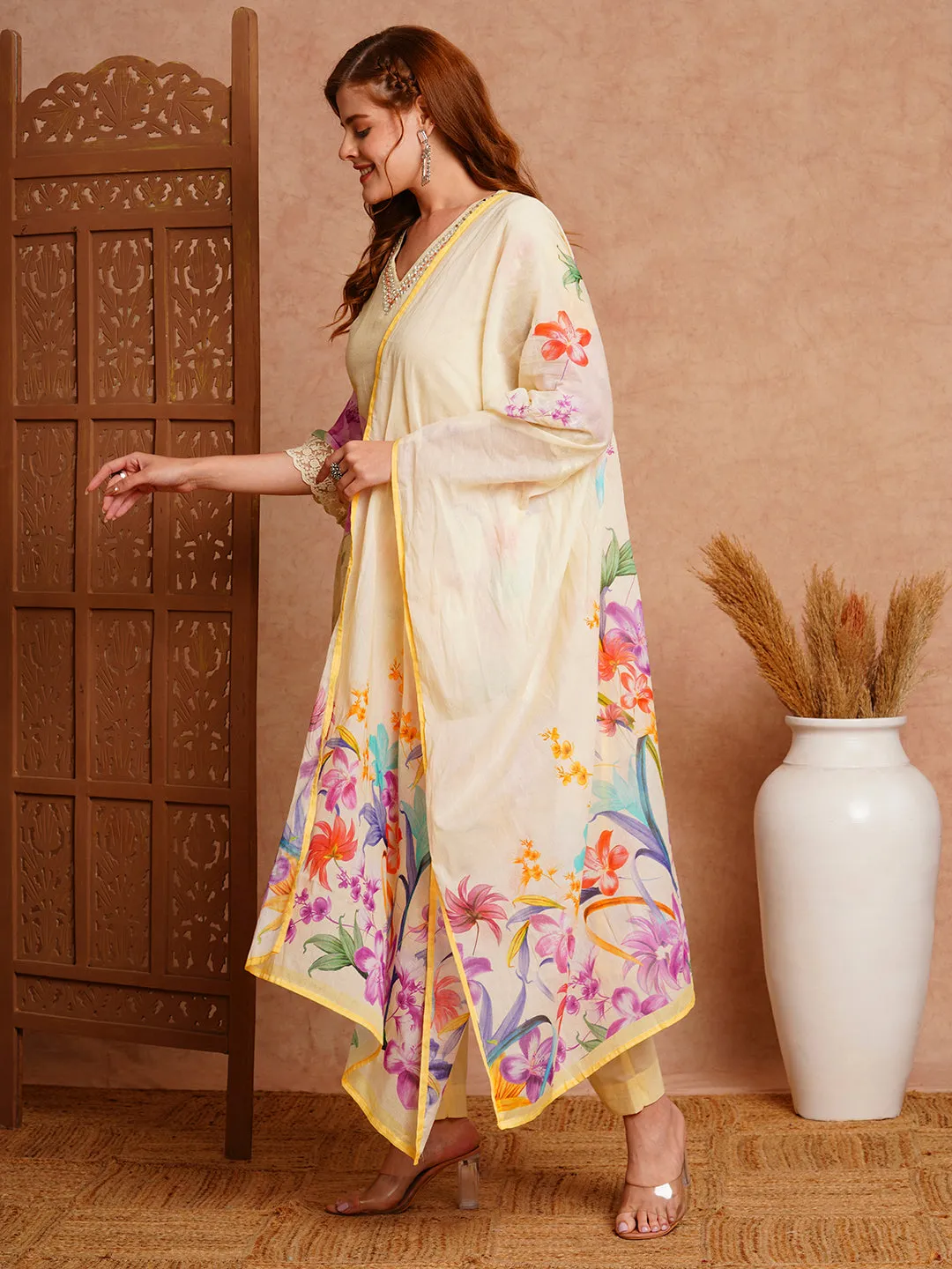 Abstract Floral Printed & Embroidered Straight Kurta with Pant & Dupatta - Cream