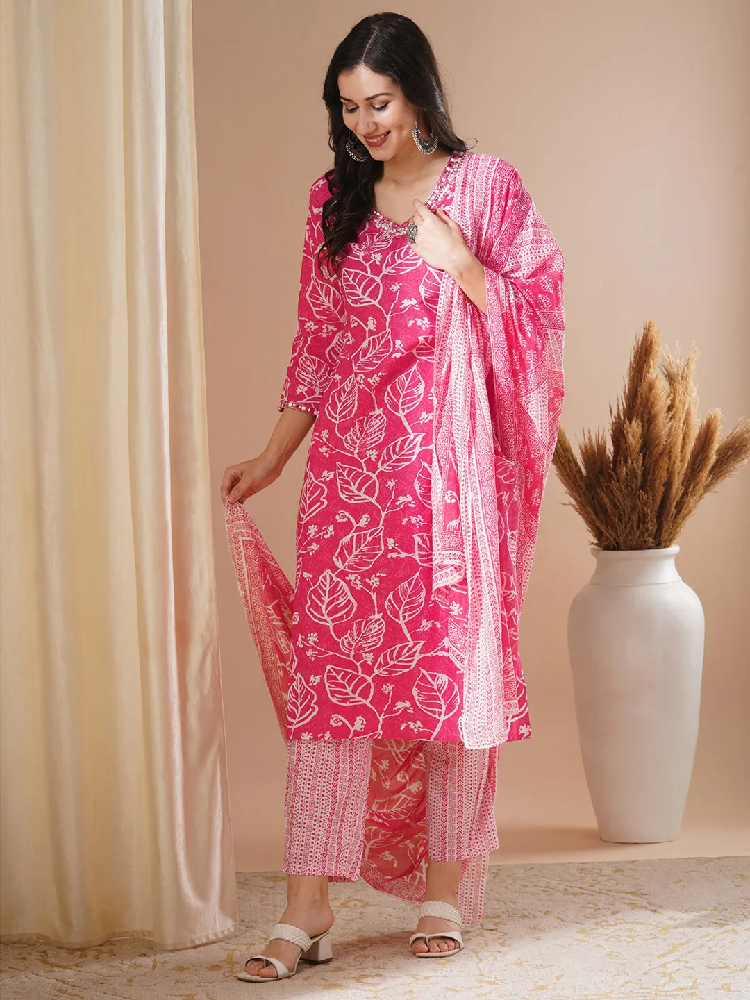 Abstract Floral Printed & Embroidered Straight Kurta with Pant & Dupatta - Pink