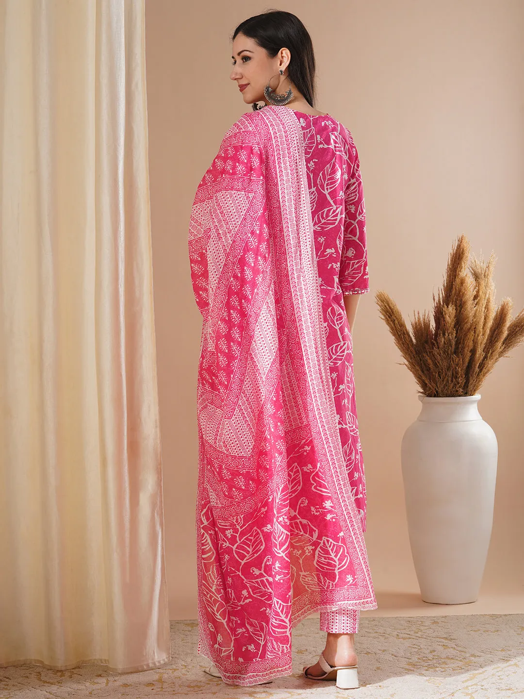 Abstract Floral Printed & Embroidered Straight Kurta with Pant & Dupatta - Pink