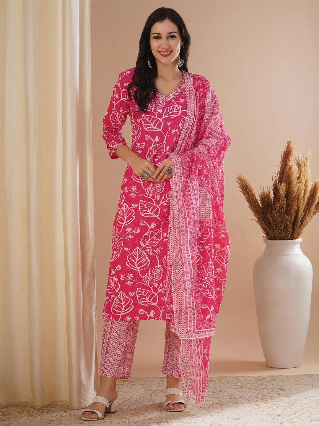 Abstract Floral Printed & Embroidered Straight Kurta with Pant & Dupatta - Pink