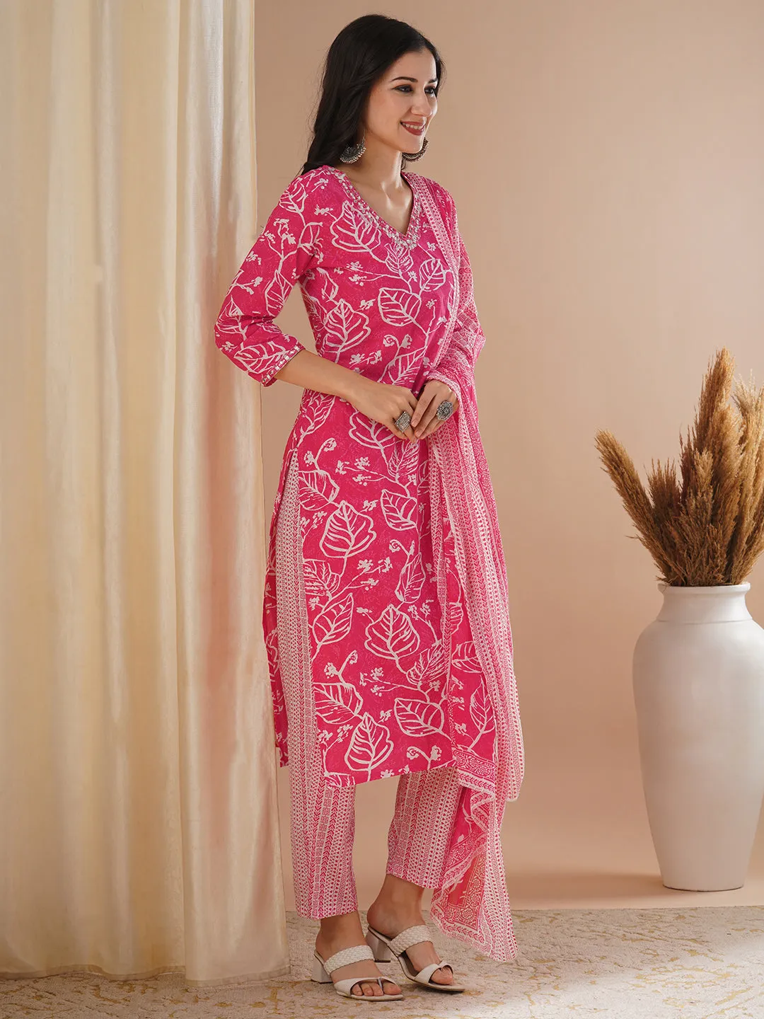 Abstract Floral Printed & Embroidered Straight Kurta with Pant & Dupatta - Pink