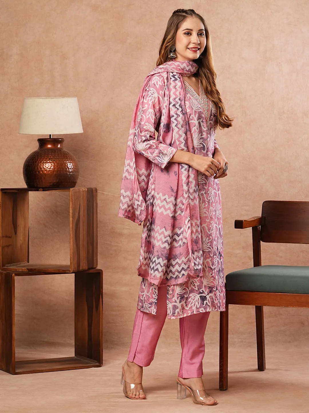 Abstract Floral Printed & Embroidered Straight Kurta with Pant & Dupatta - Pink