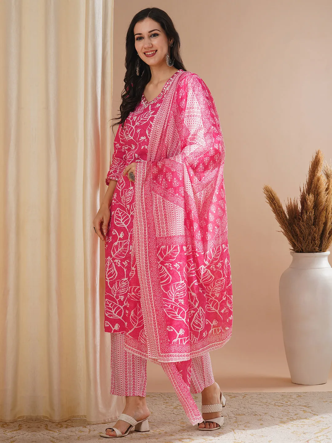 Abstract Floral Printed & Embroidered Straight Kurta with Pant & Dupatta - Pink