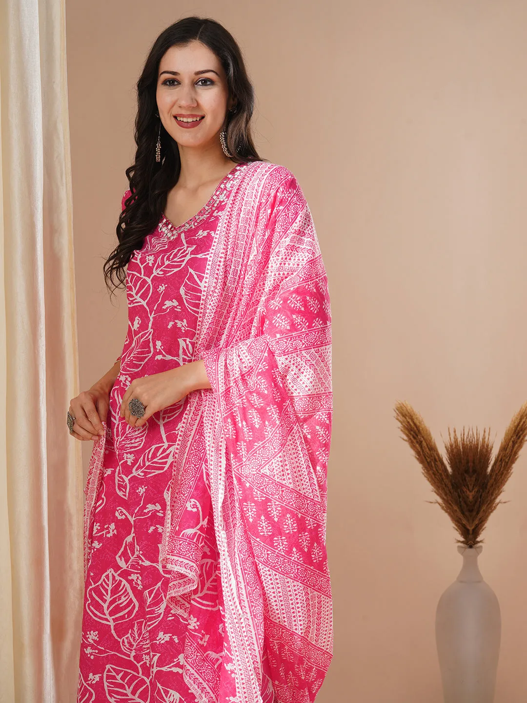 Abstract Floral Printed & Embroidered Straight Kurta with Pant & Dupatta - Pink