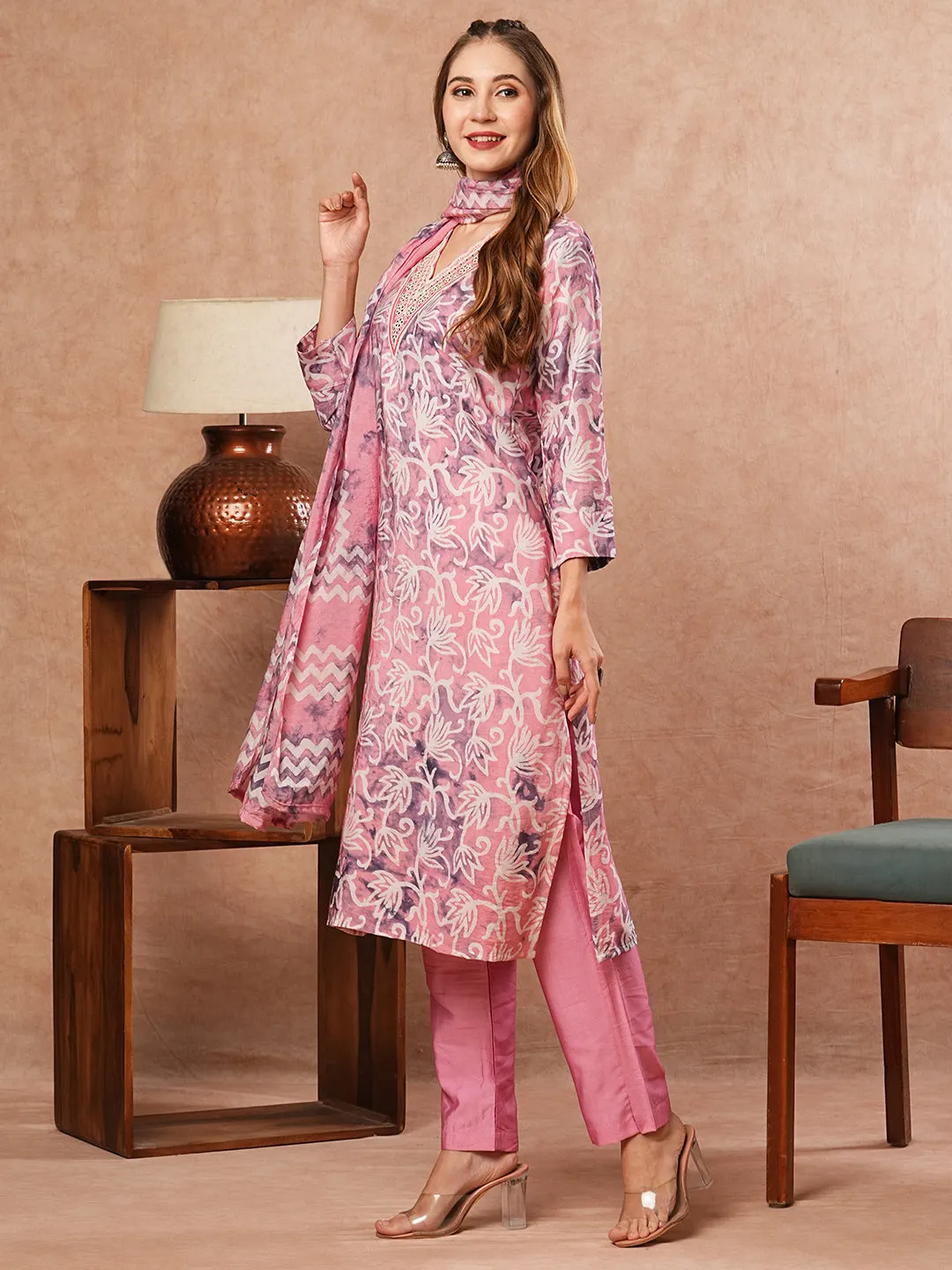 Abstract Floral Printed & Embroidered Straight Kurta with Pant & Dupatta - Pink