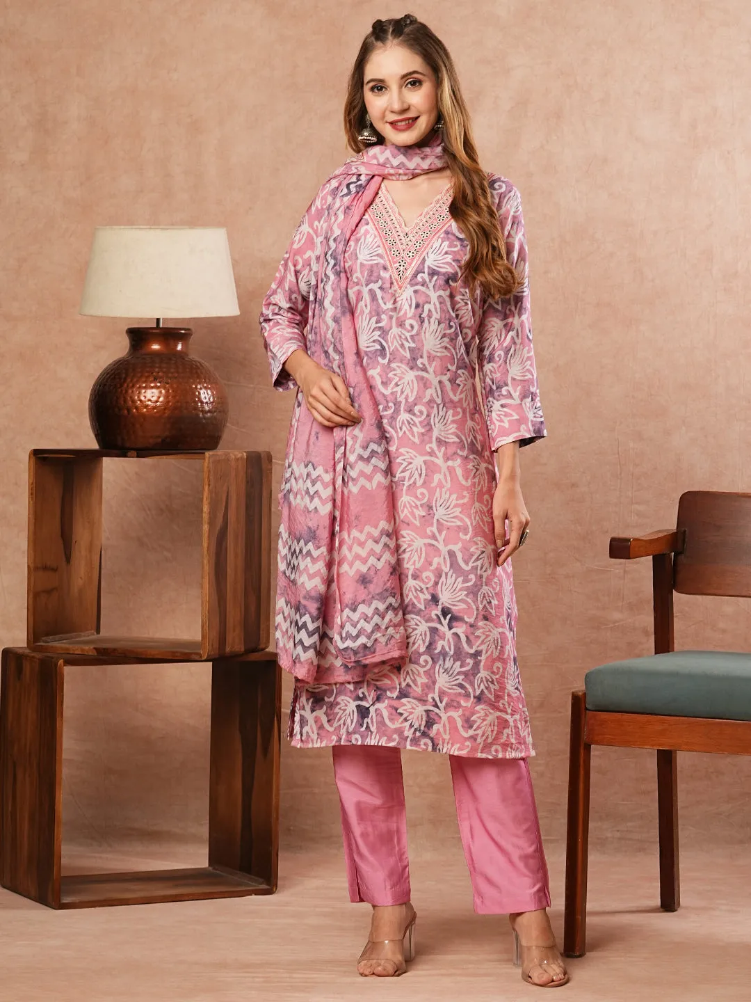 Abstract Floral Printed & Embroidered Straight Kurta with Pant & Dupatta - Pink