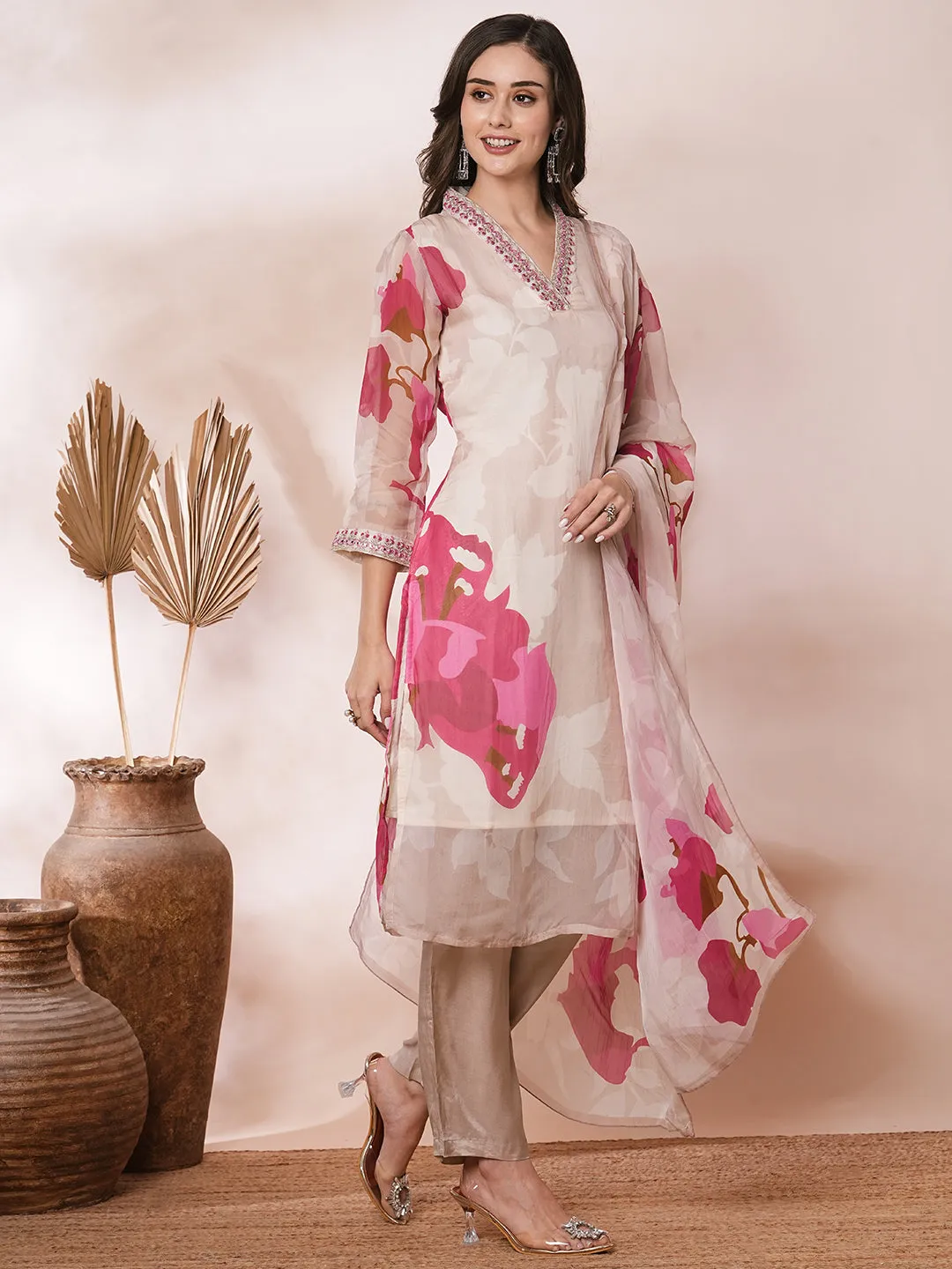 Abstract Floral Printed & Embroidered Straight Kurta with Pant & Dupatta - Taupe