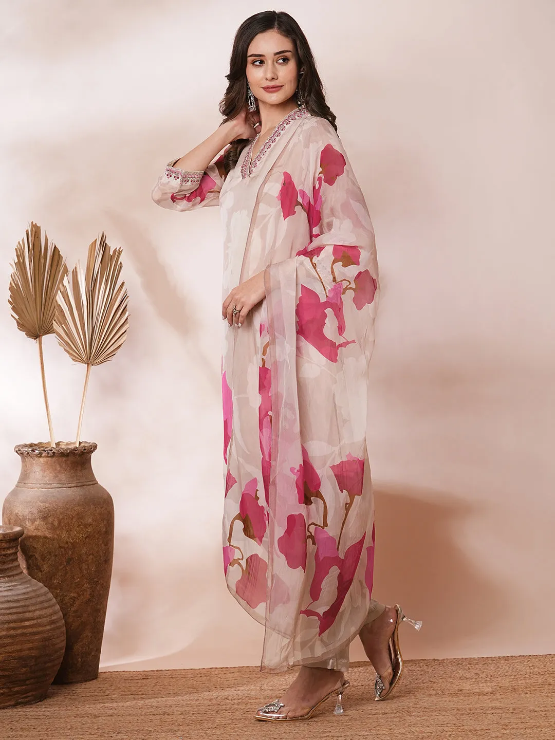 Abstract Floral Printed & Embroidered Straight Kurta with Pant & Dupatta - Taupe