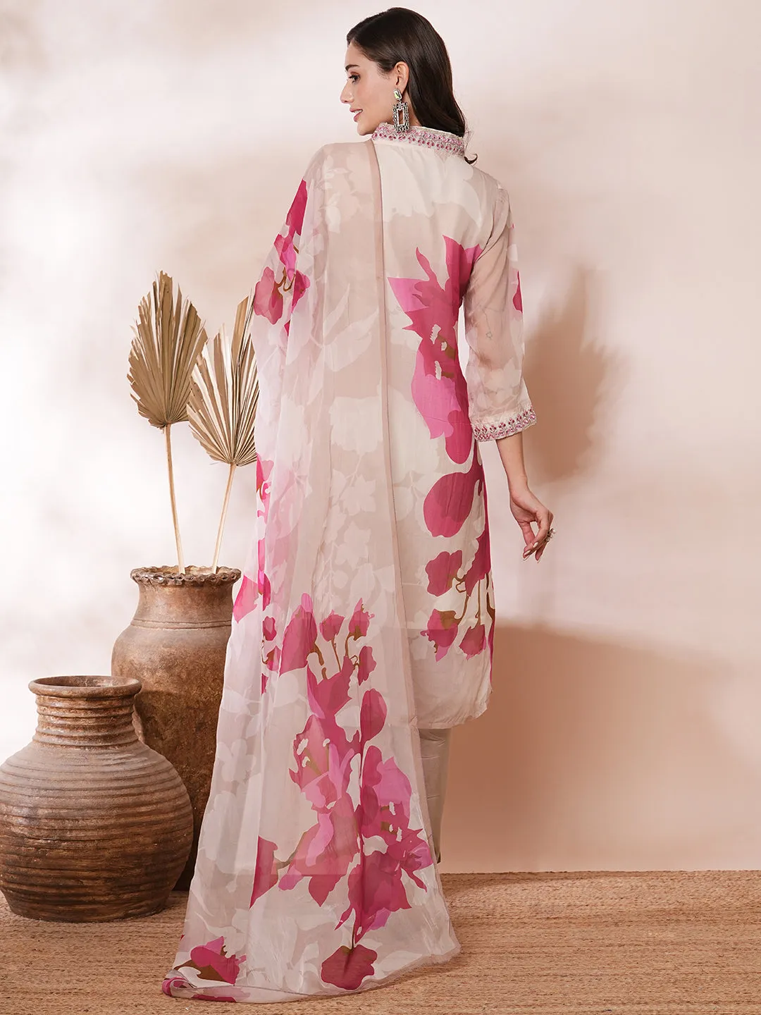 Abstract Floral Printed & Embroidered Straight Kurta with Pant & Dupatta - Taupe