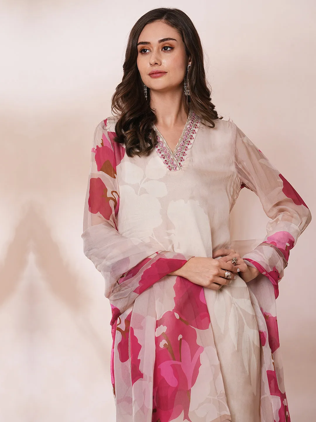 Abstract Floral Printed & Embroidered Straight Kurta with Pant & Dupatta - Taupe