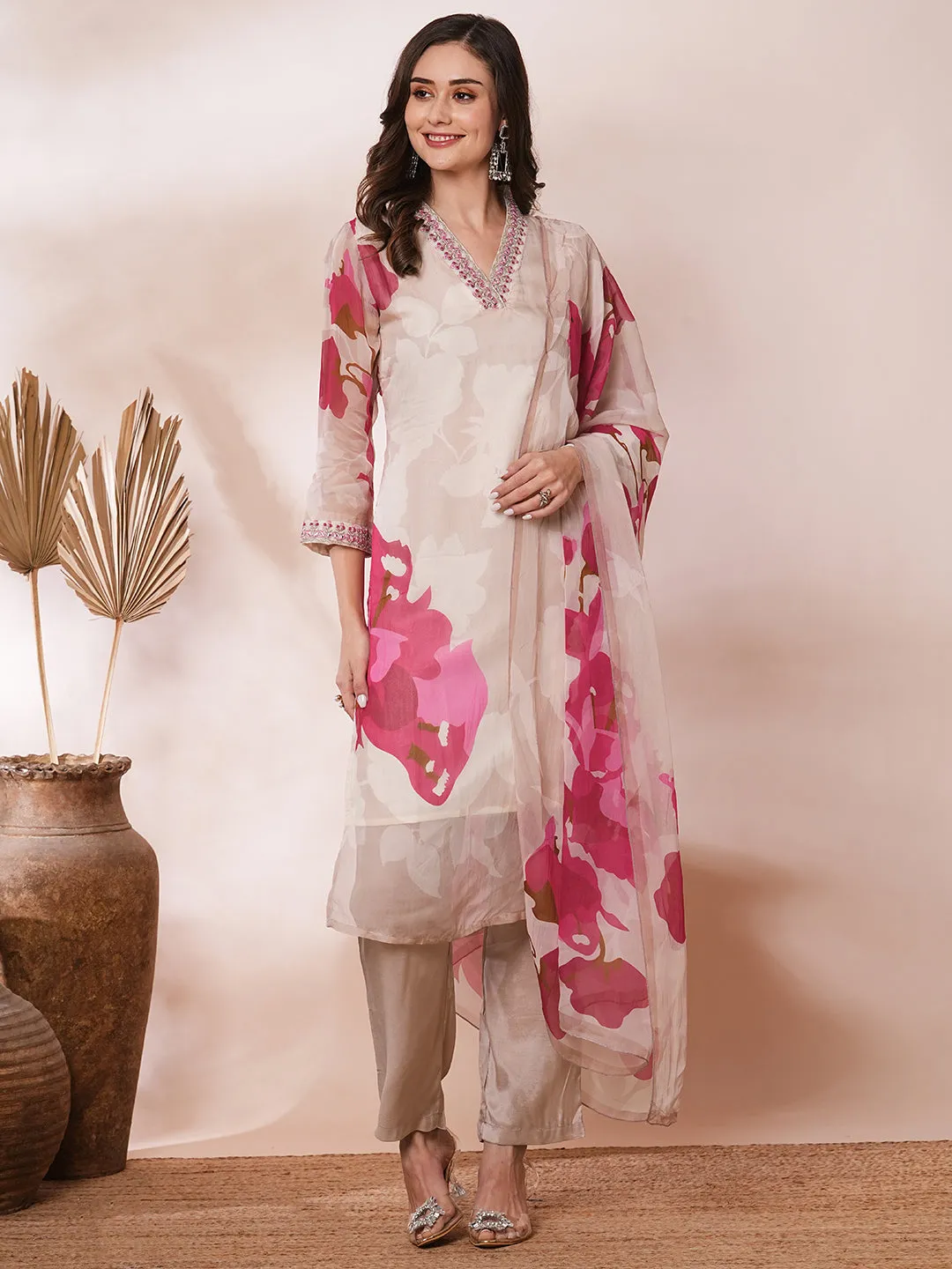 Abstract Floral Printed & Embroidered Straight Kurta with Pant & Dupatta - Taupe