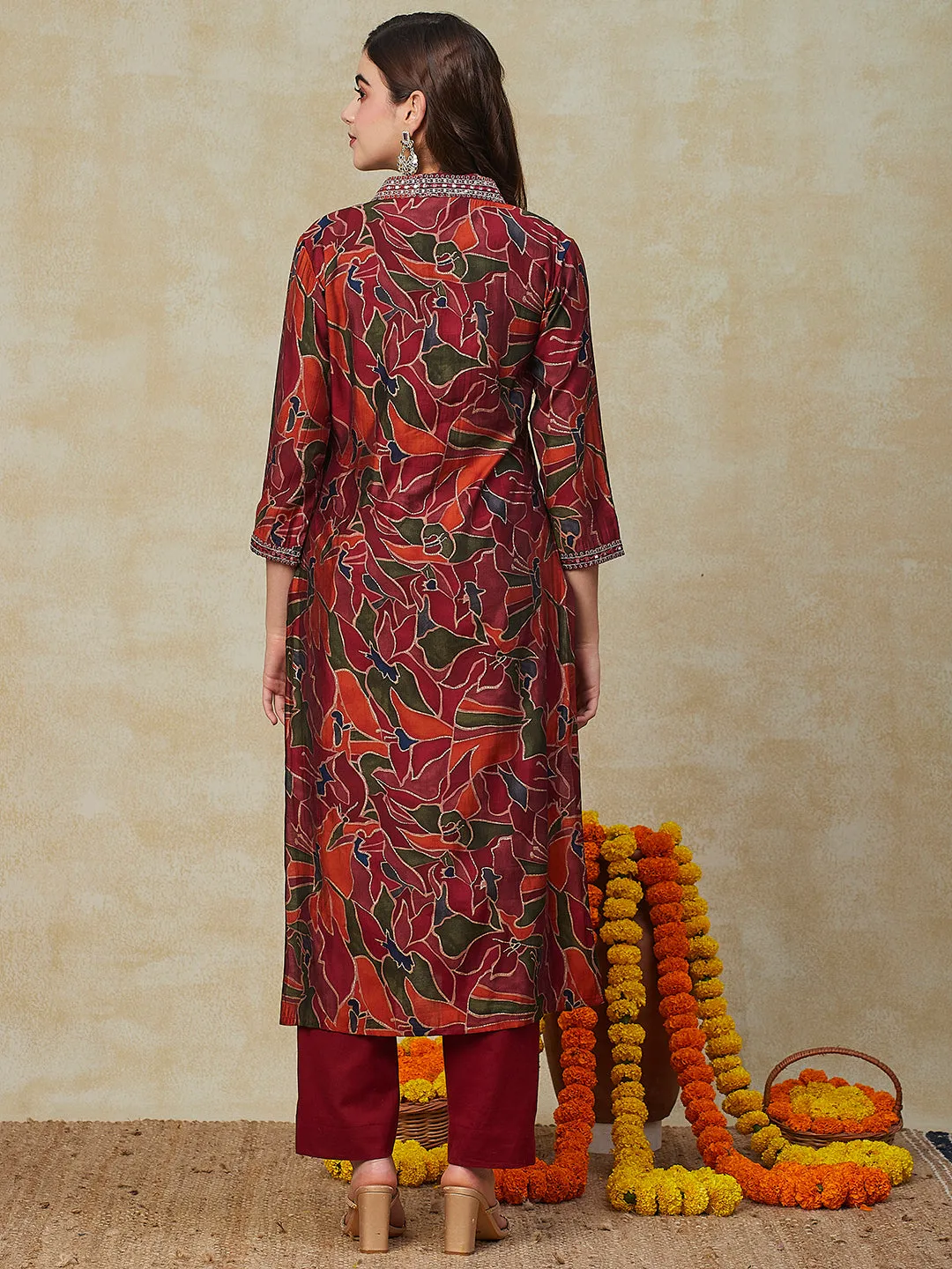 Abstract Floral Printed & Embroidered Straight Kurta with Pant - Maroon