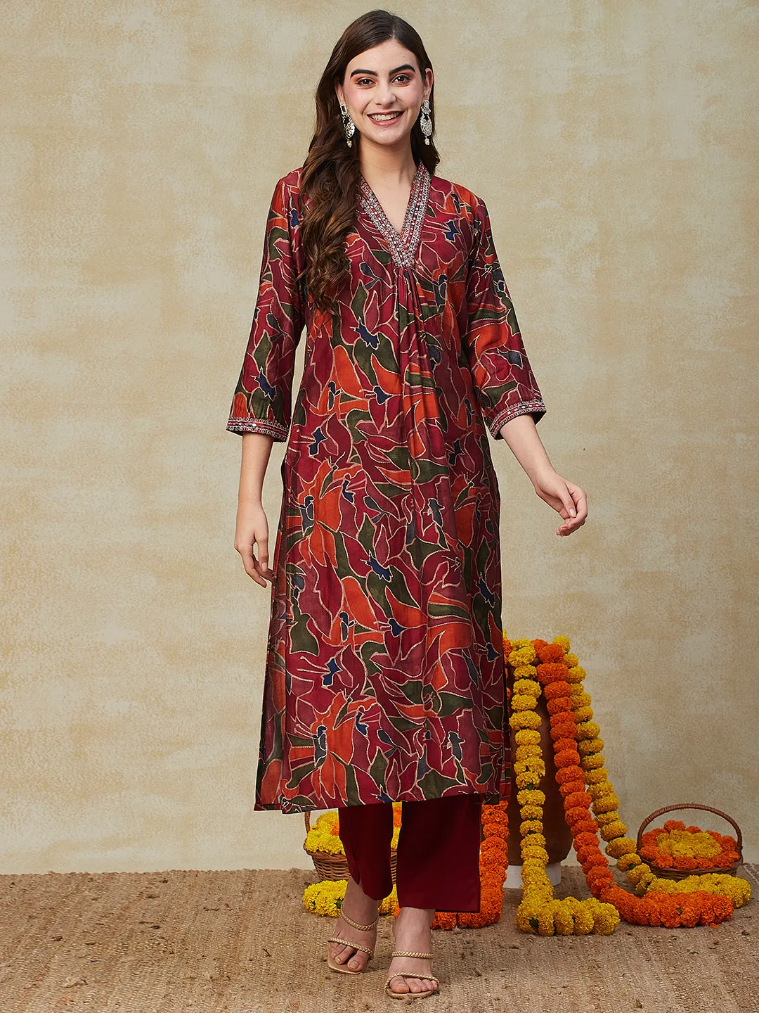 Abstract Floral Printed & Embroidered Straight Kurta with Pant - Maroon