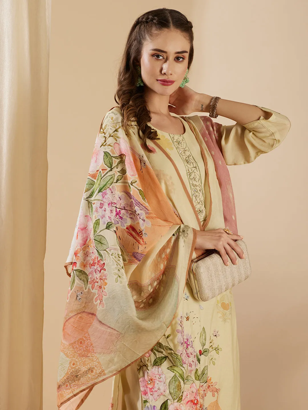 Abstract Floral Printed & Hand Embroidered Kurta with Pant & Dupatta - Cream