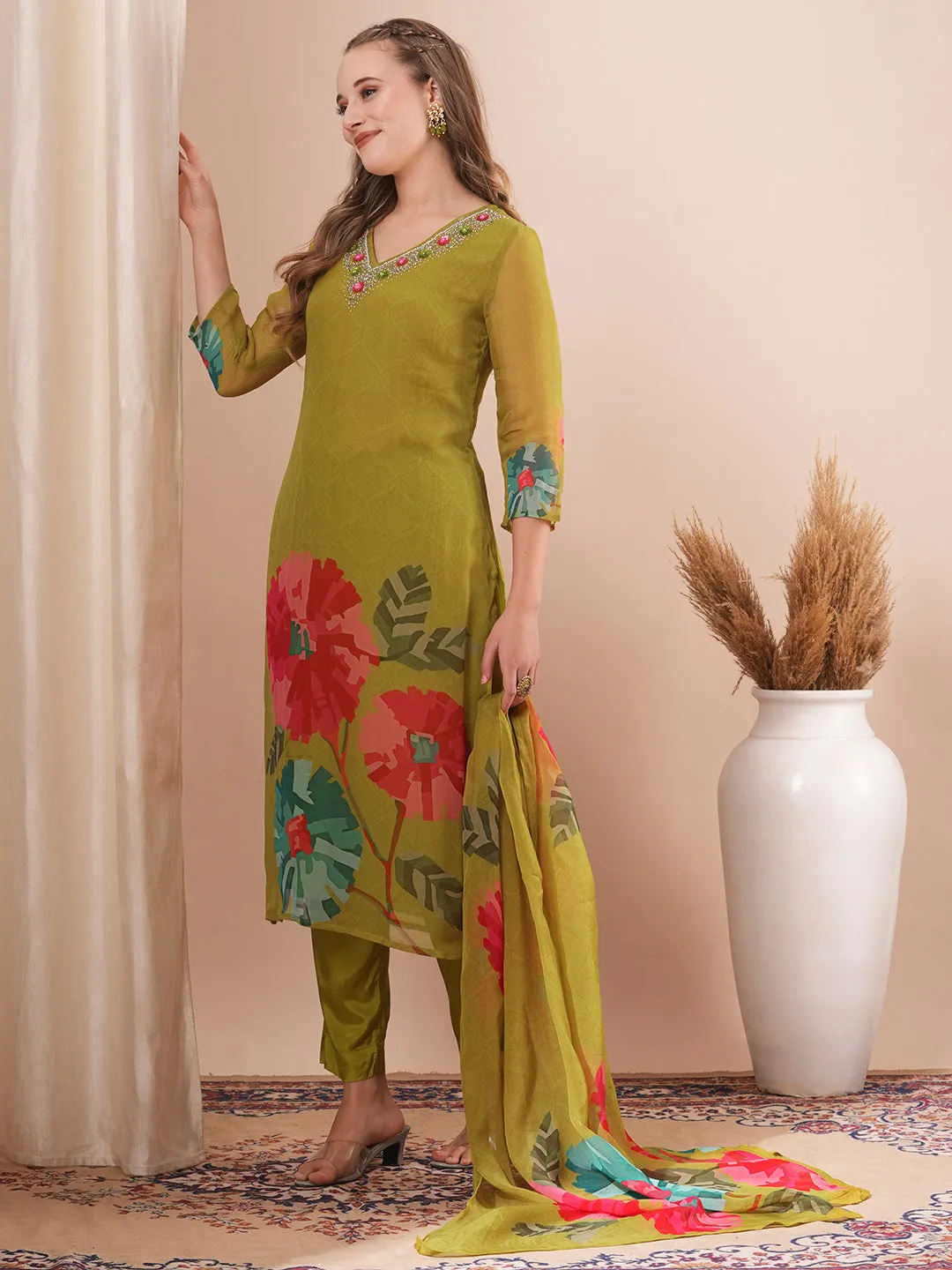 Abstract Floral Printed & Hand Embroidered Straight Fit Kurta with Pant and Dupatta - Green